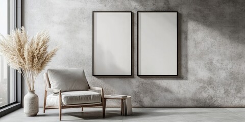 Poster - Interior of a chic living room featuring an armchair and empty frames on the table.