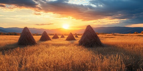 Poster - A field of dry yellow grass and haystacks at sunset. Autumn scenery.