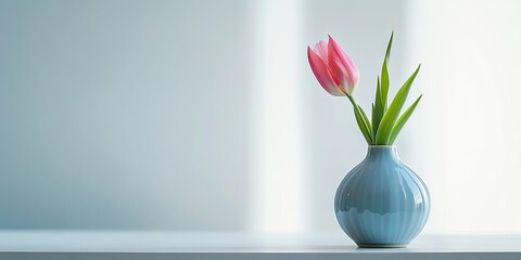 Aufkleber - A close-up of one pink tulip in a blue vase on a table against a white background, representing a single spring flower gift for a woman, perfect for a greeting card, symbolizing freshness and bloom.