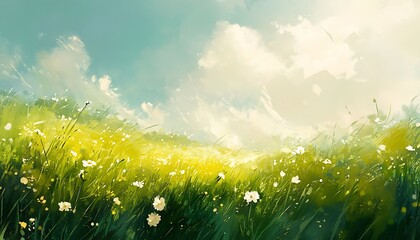 Poster - A peaceful landscape featuring vibrant green grass and blooming white flowers under a bright, sunny sky.