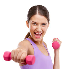 Dumbbell, portrait and woman with energy in studio for training challenge, exercise and resilience. Athlete, power and shouting with gym equipment for muscle, workout and strength by white background