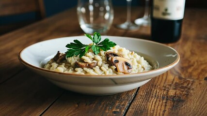 Wall Mural - Savory mushroom risotto with fresh parsley garnish