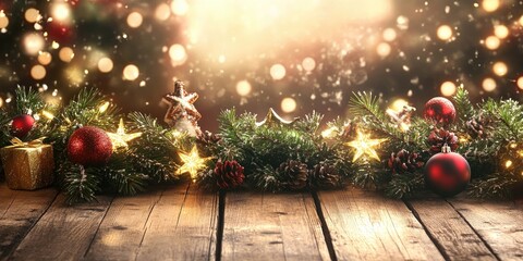 Aufkleber - Christmas backdrop on a wooden table with copy space.