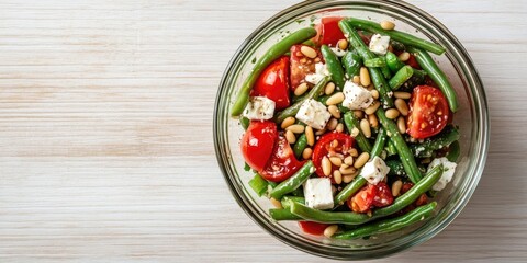 Aufkleber - Antipasto salad featuring green beans, tomatoes, pine nuts, and feta cheese in a glass bowl on a light wooden table, copyspace, top view from above.