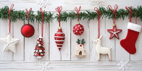 Poster - Christmas decorations are displayed on a white wooden background.