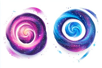 Set of vibrant spiral galaxies, on white background 