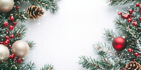 Poster - Christmas and New Year background. Holiday season in winter with decorations and copyspace for text.
