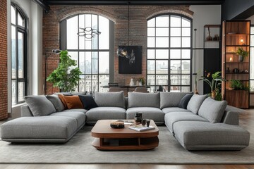 The stylish compostion at living room interior with design gray sofa, armchair, woooden coffee table, lamp and elegant personal accessories. Loft and industrial interior, Generative AI