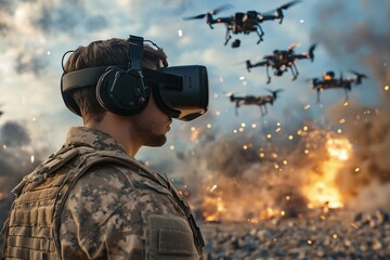 Soldier wearing virtual reality headset in battlefield, surrounded by drones, with explosions in background, military technology concept 