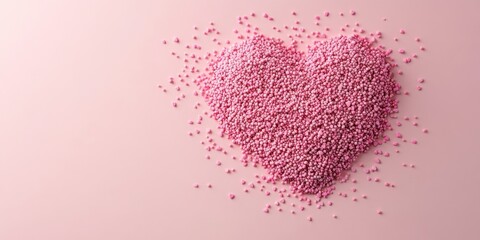 Aufkleber - Heart made of pink confectionery sprinkles in the center on a pastel pink background. Valentine's card concept. Top view Copy space for text.