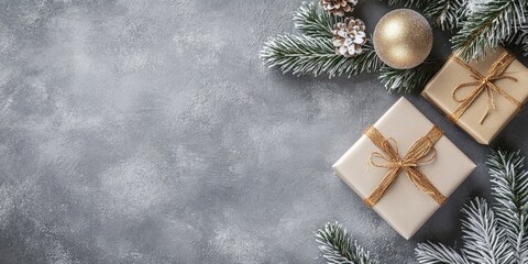 Aufkleber - Christmas gray minimal background featuring a mock-up greeting card and a ball. Flat lay, copy space.
