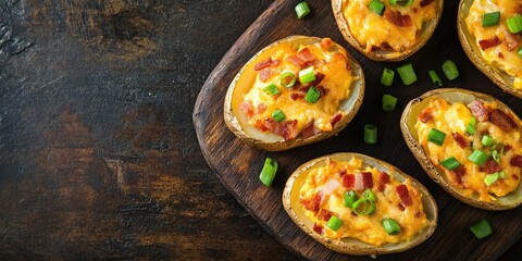Aufkleber - An aerial image of baked potatoes topped with cheese, green onions, and bacon, captured from above on rustic surfaces, featuring space for text.