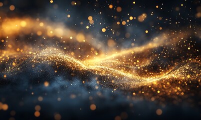 Poster - A shimmering wave of golden particles floats through a dark background, creating a mesmerizing, ethereal effect reminiscent of cosmic beauty.