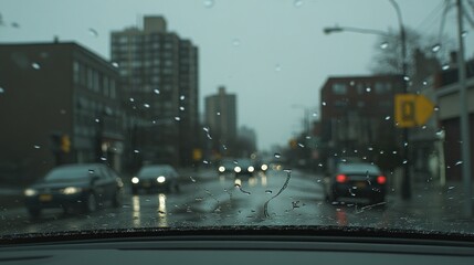 Rain falling on a windshield while driving down a city street.