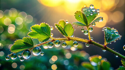 Wall Mural - Tiny raindrops cling to vibrant green leaves, illuminated by soft morning light, creating serene and refreshing atmosphere. bokeh effect enhances beauty of nature