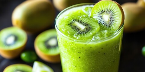 Aufkleber - Close-up image of a glass containing green fruit juice, decorated with lime and kiwi fruits.