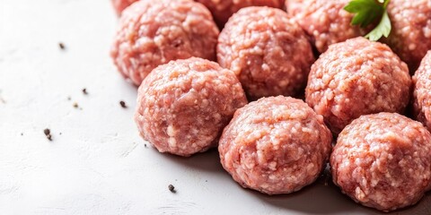 Poster - A close-up of a pile of raw pork cutlets, with space available for text. Raw meatballs for grilling or burgers on a white background, copy space. Ground pork.