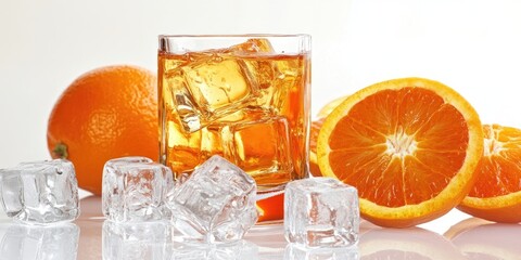 Poster - Ice cubes, a beverage, and an orange on a white background.