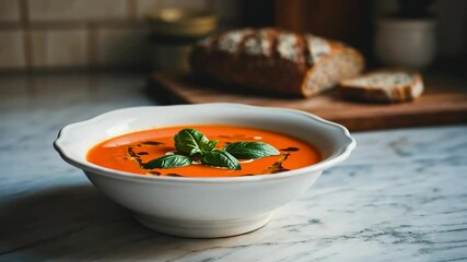 Wall Mural - Fresh homemade tomato soup with basil in kitchen setting