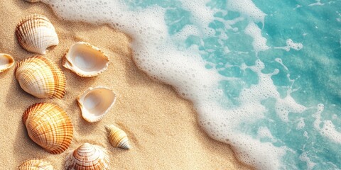 Aufkleber - Seashells with a sand backdrop. Summer beach ocean background. Flat lay.
