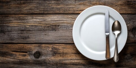 Aufkleber - Blank template for food composition - plate, knife, and spoon on a rustic wooden background from a top view, providing blank space for text.