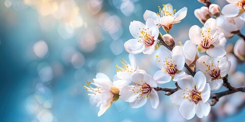 Poster - Close-up of almond blossoms in early spring with a soft blue background that is blurred. Copy space.