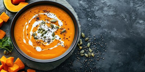 Aufkleber - Vegetarian pumpkin and carrot cream soup garnished with cream and pumpkin seeds on a stone tabletop. A cozy, healthy slow food idea for fall and winter. Top view. Copy space.