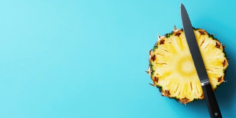 Sticker - Pineapple sliced with a knife on a blue backdrop. Vertical image. Copyspace for design. Summer food concept.