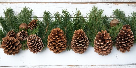 Aufkleber - Christmas decoration backdrop: pine and cypress cones with branches on a white wooden table.