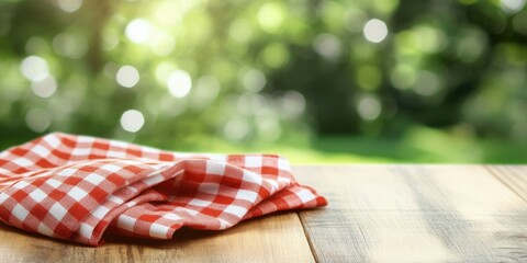 Aufkleber - Checkered red napkin on a wooden table with a green blurred background. Area for design.