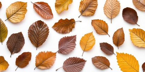 Aufkleber - A collection of autumn walnut leaves on a white background, seen from above.