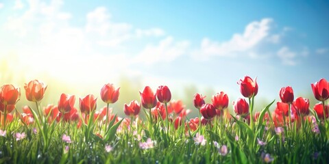 Poster - Spring sunny meadow featuring red tulip flowers, a natural floral seasonal Easter backdrop with copy space.