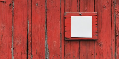 Poster - Old bulletin board featuring a blank white note on a red wooden wall.