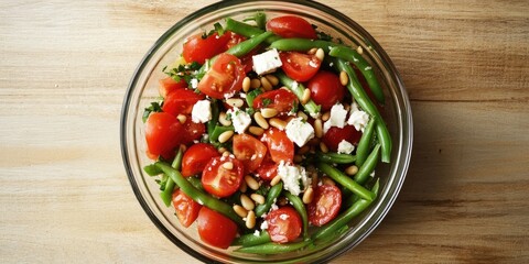 Aufkleber - Antipasto salad featuring green beans, tomatoes, pine nuts, and feta cheese in a glass bowl on a light wooden table, copyspace, top view from above.