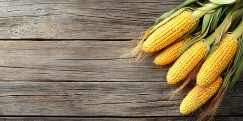 Aufkleber - Corns or Maizes Isolated on a Wooden Background with Copy Space for Text in a Horizontal Layout, Ideal for Wallpaper.