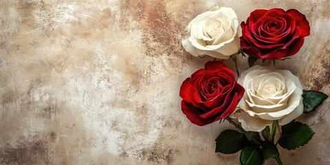 Aufkleber - Red and white roses on a sandy textured background.