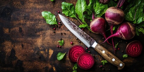 Aufkleber - Red beetroot with green herbage leaves and a kitchen knife on a wooden background.