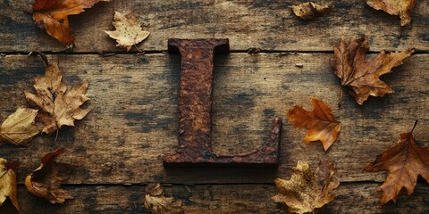 Aufkleber - Close-up of the English letter L arranged on a rough wooden surface, accompanied by dried autumn leaves. This evokes themes of love, loneliness, and more.
