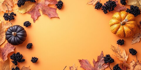 Poster - Thanksgiving background decoration featuring dry leaves, black berries, and a pumpkin on an orange backdrop. Flat lay, top view with copyspace for Autumn, fall, Thanksgiving, and Halloween themes.