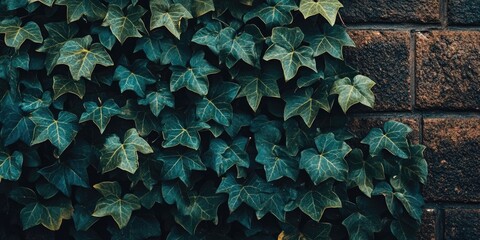 Aufkleber - Green ivy leaves on a dark brown brick wall. Natural rustic backdrop. Copyspace.