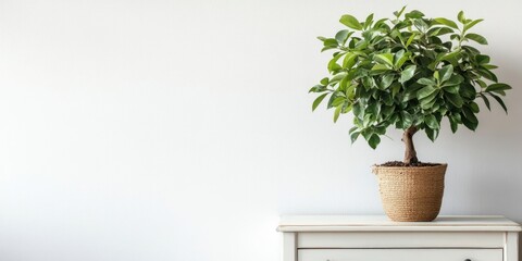 Aufkleber - Potted ficus on a chest of drawers by a white wall, with space for text. A lovely houseplant.