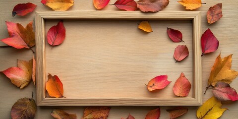 Poster - Framed with autumn leaves on a wooden surface, top view.