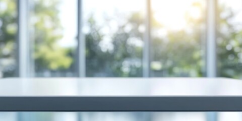 Poster - Selective focus. Empty white tabletop with a blurred abstract view of window glass. Suitable for montage product display or visual layout design.