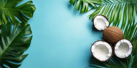 Leinwandbilder - Palm leaves, monstera, and coconut arranged in a flat lay on a blue background with copy space.