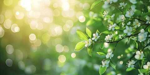 Poster - Beautiful nature, out-of-focus bokeh of green leaves and white flowers, texture. Natural spring background with copyspace for design. Flat lay. Trend.
