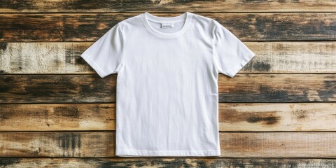 Leinwandbilder - Blank white t-shirt on a wooden background