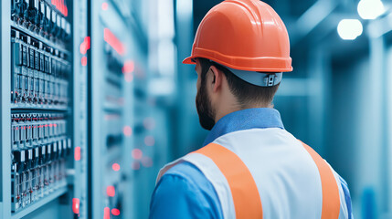 A worker in an orange hard hat and safety vest operates machinery in an industrial environment, focused on tasks and safety protocols.