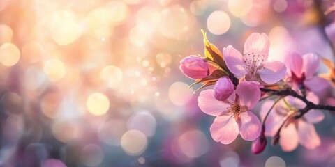 Poster - Lovely pink blossoms of a Sakura tree against a blurred bokeh backdrop on a warm, sunny day. Spring-themed background with copyspace.