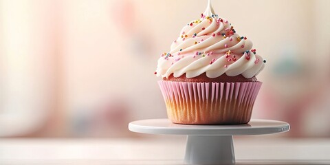 Poster - Delicious cupcake on a stand, set against a light background.