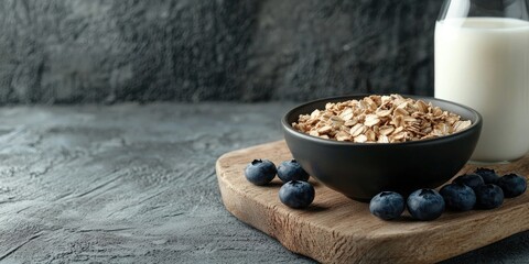 Aufkleber - A bowl of oat granola sits on a wooden board beside a glass bottle of milk and blueberries. This represents a healthy breakfast and proper nutrition. Space for text.